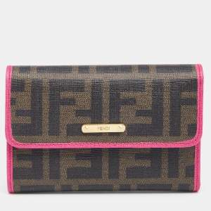 مملوكة مسبقًا محفظة كومباكت فندي جلد وكانفاس زوكا بنية / وردية طية ثلاثية بشعار