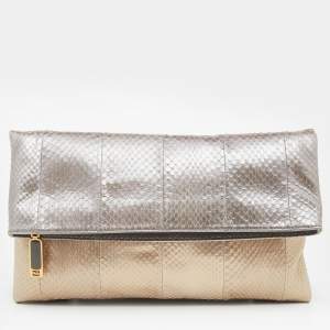 Pre Owned Fendi Metallic Grey/Beige Python Leather Fold Over Clutch