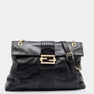 Pre Owned Fendi Black Leather Maxi Baguette Flap Shoulder Bag
