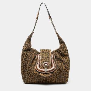 Pre Owned Fendi Brown/Black Leopard Print Canvas B Buckle Hobo