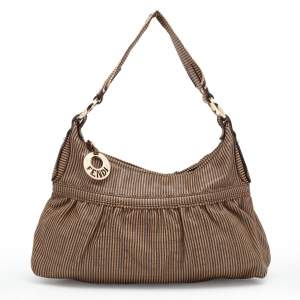 Pre Owned Fendi Brown FF Perforated Logo Stripe Leather Chef Hobo