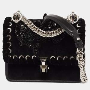 Pre Owned Fendi Black Velvet and Leather Small Kan I Logo Embellished Top Handle Bag