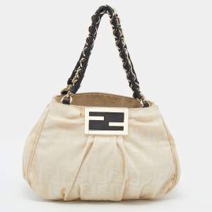 Pre Owned Fendi Light Beige Zucca Canvas Small Mia Tote