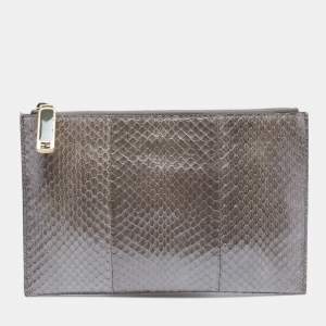 Pre Owned Fendi Grey/Gold Snakeskin Slim Zip Pouch