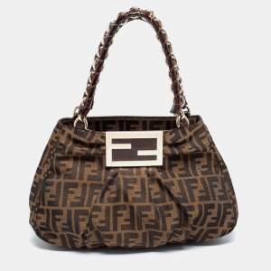 Pre Owned Fendi Tobacco Zucca Canvas and Patent Leather Small Mia Hobo