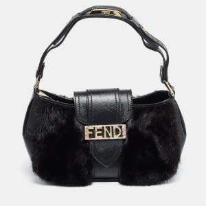 Pre Owned Fendi Black Calfhair and Leather Logo Flap Baguette Bag