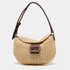 Pre Owned Fendi Beige/Brown Woven Wicker and Leather Small Croissant Hobo 