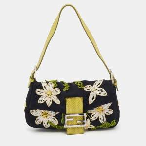 Fendi Black/Lime Green Fabric And Python Floral Appliqué Baguette