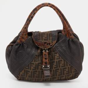 Pre Owned Fendi Tobacco Zucca Canvas And Ostrich Spy Hobo