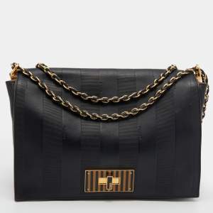 Pre Owned Fendi Black Leather Pequin Large Claudia Flap Chain Shoulder Bag