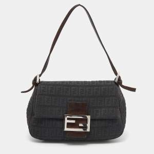 Fendi Dark Grey/Brown Zucchino Canvas and Suede Baguette Bag