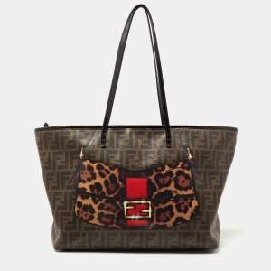Pre Owned Fendi Tobacco/Black Zucca Coated Canvas and Patent Leather Baguette Print Roll Shopper Tote