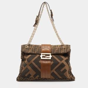 Fendi Tobacco Zucca Canvas and Leather Maxi Baguette Flap Shoulder Bag