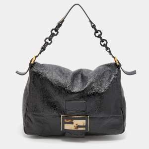 Pre Owned Fendi Black Crinkled Patent Leather Mama Forever Shoulder Bag