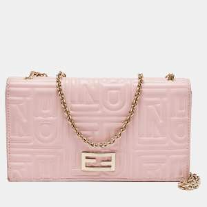 Pre Owned Fendi Pink Embossed Leather Chain Clutch 