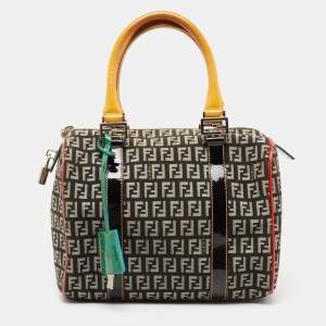 Pre Owned Fendi Multicolor Zucchino Canvas And Patent Leather Small Boston Bag