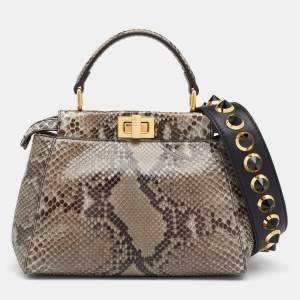 Pre Owned Fendi Grey Python Mini Peekaboo Top Handle Bag