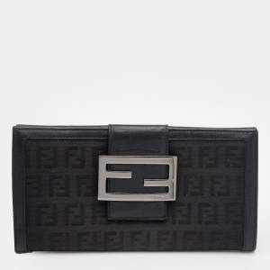 Pre Owned Fendi Black Zucchino Canvas and Leather Continental Wallet