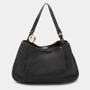 Pre Owned Fendi Black Zucchino Canvas and Leather Charm Shoulder Bag