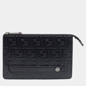 Pre Owned Fendi Black Zucca Embossed Leather Flat Pouch