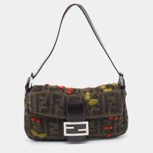 Fendi Black/Grey Zucca Wool And Leather Embroidered Baguette