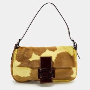Fendi Brown/Yellow Calf Hair and Leather Flap Baguette