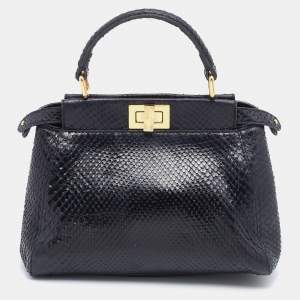 Pre Owned Fendi Black Python Mini Peekaboo Top Handle Bag