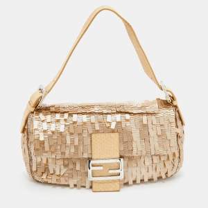 Fendi Beige Sequins And Python Baguette Bag