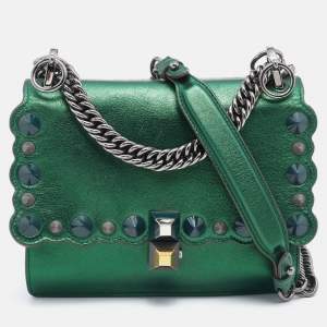 Pre Owned Fendi Metallic Green Leather Small Scalloped Kan I Shoulder Bag