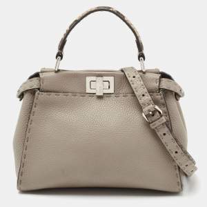 Pre Owned Fendi Beige Selleria Leather and Python Mini Peekaboo Top Handle Bag