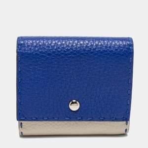 Fendi Blue/Light Grey Selleria Leather Trifold Compact Wallet