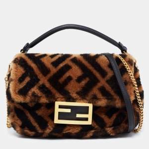 Fendi Brown Sheepskin Mini Baguette Shoulder Bag
