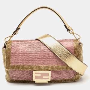 Fendi Pink/Gold Sequins Flap Baguette Bag