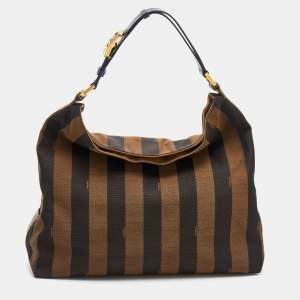 Pre Owned Fendi Brown/Navy Blue Pequin Stripe Canvas And Leather Hobo