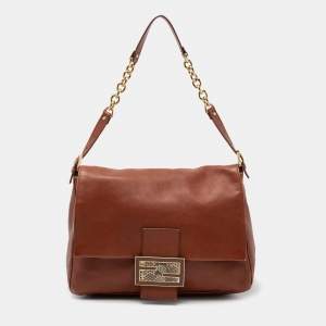 Pre Owned Fendi Brown Leather and Watersnake Detail Large Mama Forever Shoulder Bag