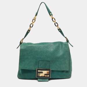 Pre Owned Fendi Metallic Green Nubuck Leather Mama Baguette Shoulder Bag