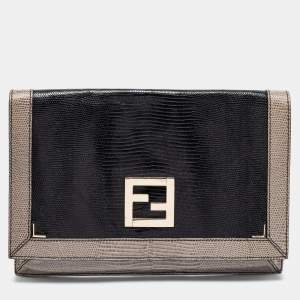 Pre Owned Fendi Black/Grey Lizard Embossed Leather Flap Clutch
