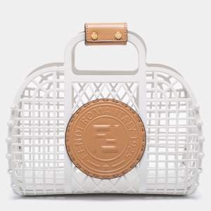 Pre Owned Fendi White/Light Brown Plastic and Leather Small Basket Tote
