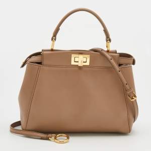 Pre Owned Fendi Taupe Leather Mini Peekaboo Top Handle Bag