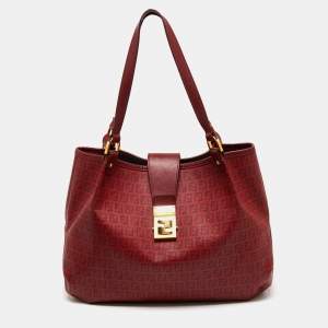 Pre Owned Fendi Red Zucchino Coated Canvas and Leather Chiusura Tote