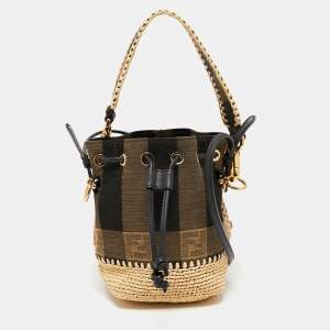 Pre Owned Fendi Beige/Black Pequin Raffia And Canvas FF Mini Mon Tresor Drawstring Bucket Bag