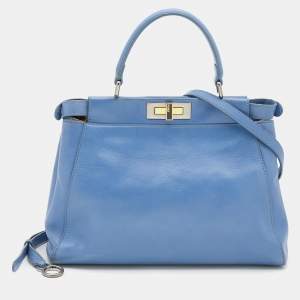 Pre Owned Fendi Blue Leather Medium Peekaboo Top Handle Bag