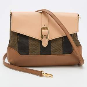 Pre Owned Fendi Brown/Beige Pequin Canvas And Leather Crossbody Bag