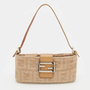 Fendi Beige Zucca Wool and Leather Baguette