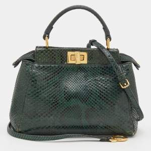 Pre Owned Fendi Green Python Mini Peekaboo Top Handle Bag