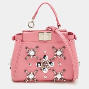 Fendi Pink Leather Crystal Embellished Micro Peekaboo Top Handle Bag