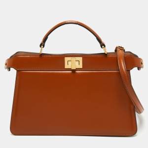 Fendi Brown Leather Peekaboo ISeeU East-West Top Handle Bag 