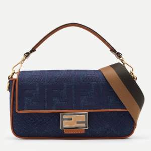 Fendi Blue/Brown Denim and Leather Baguette Crossbody Bag