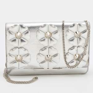 Pre Owned Fendi Metallic Silver Leather Flowerland Tube Wallet on Chain