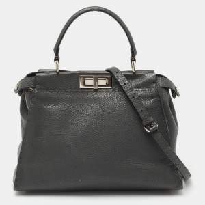Pre Owned Fendi Grey Leather Peekaboo Top Handle Bag